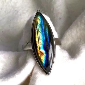 Marquise Shaped Labradorite Ring in Stainless Steel